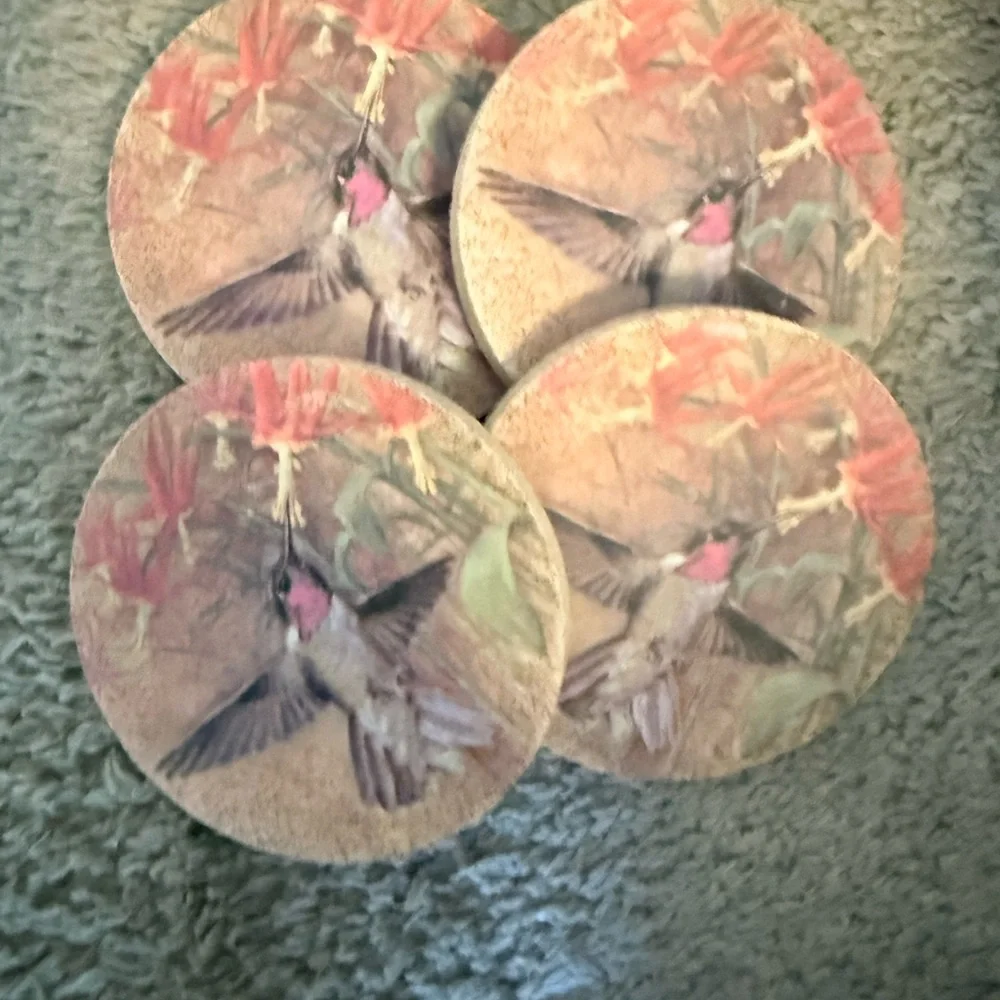 Thirstystone Hummingbird Stone Coaster Set with Pink and Brown Accents- Set of 4